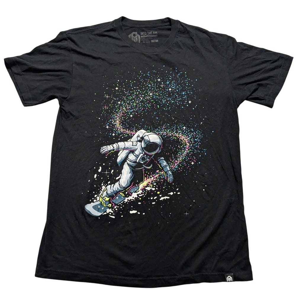 Into The AM Astronaut Snowboarding Galaxy Graphic Black T-Shirt Men Medium
